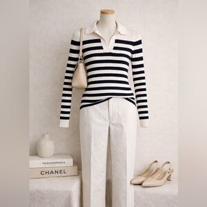 WHBM White House Black Market Striped Ribbed Knit Top Size S Navy White Collared